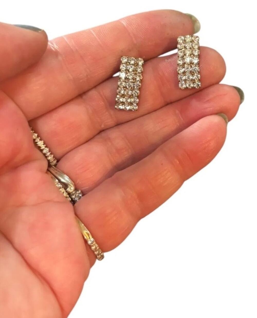 Gold Tone Rhinestone Bar Stud Earrings Pave Crystal Rectangle Vintage Style